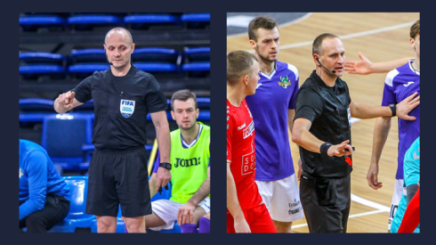 Š.Tamulynas ir M.Pomeckis teisėjaus Futsal Čempionų lygos atrankos rungtynėse